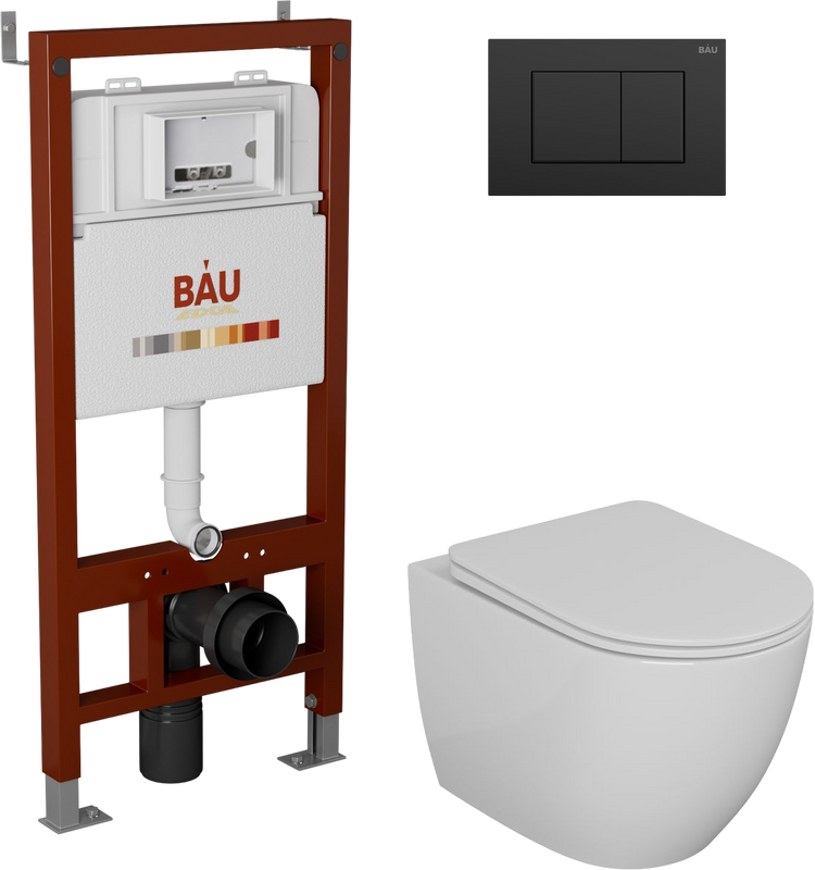 Комплект Унитаз подвесной Bauedge Bau Dream безободковый, с микролифтом + Инсталляция Bau Pro + Кнопка Stil, черная матовая