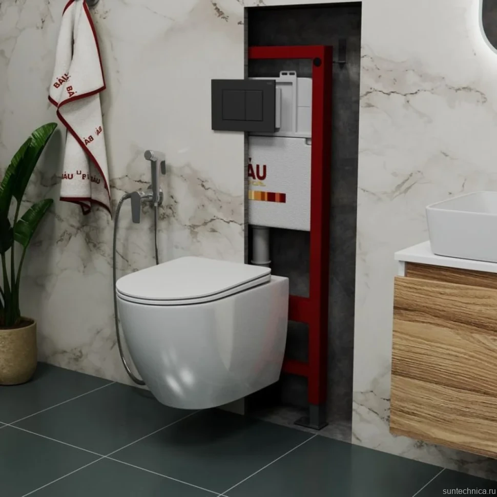 Комплект Унитаз подвесной Bauedge Bau Dream безободковый, с микролифтом + Инсталляция Bau Pro + Кнопка Stil, черная матовая