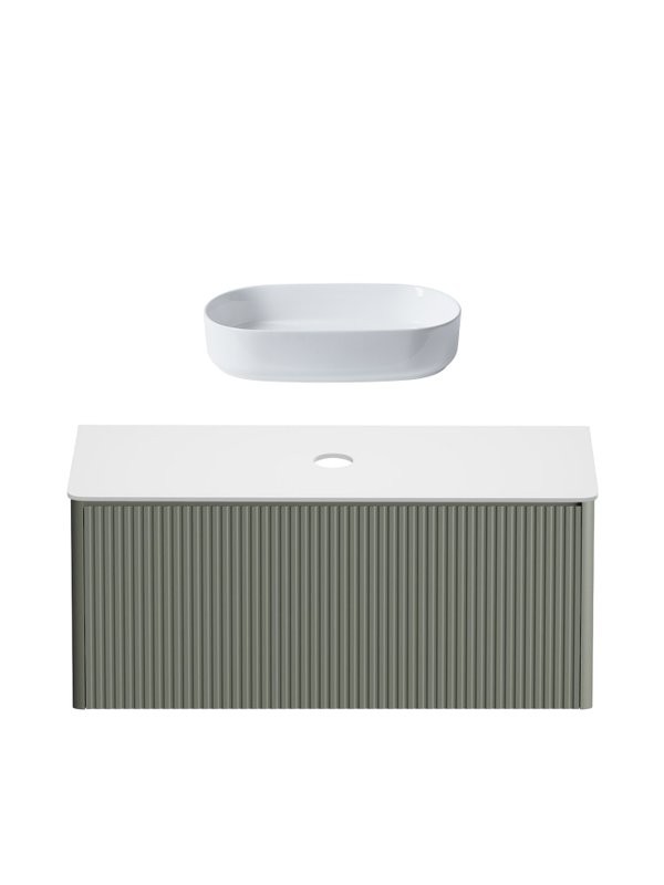 Тумба с раковиной Allen Brau Gravity 120 1 ящик, с фрезеровкой, матовая олива, столешница белая, раковина Fantasy Oval 55, белая