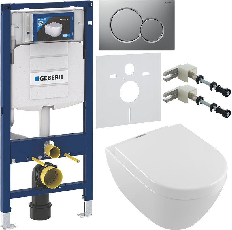 Комплект Унитаз подвесной Villeroy & Boch Subway 2.0 + Крышка 9M68 S101 с микролифтом, петли хром + Инсталляция Geberit Duofix UP 320 111.300.00.5 + Кнопка Sigma 01 115.770.JQ.5 лакированная, матовый хром + Крепления 111.815.00.1 к стене + Звукоизоляция