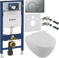 Комплект Унитаз подвесной Villeroy & Boch Subway 2.0 + Крышка 9M68 S101 с микролифтом, петли хром + Инсталляция Geberit Duofix UP 320 111.300.00.5 + Кнопка Sigma 01 115.770.JQ.5 лакированная, матовый хром + Крепления 111.815.00.1 к стене + Звукоизоляция