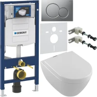 Комплект Унитаз подвесной Villeroy & Boch Subway 2.0 + Крышка 9M68 S101 с микролифтом, петли хром + Инсталляция Geberit Duofix UP 320 111.300.00.5 + Кнопка Sigma 01 115.770.JQ.5 лакированная, матовый хром + Крепления 111.815.00.1 к стене + Звукоизоляция
