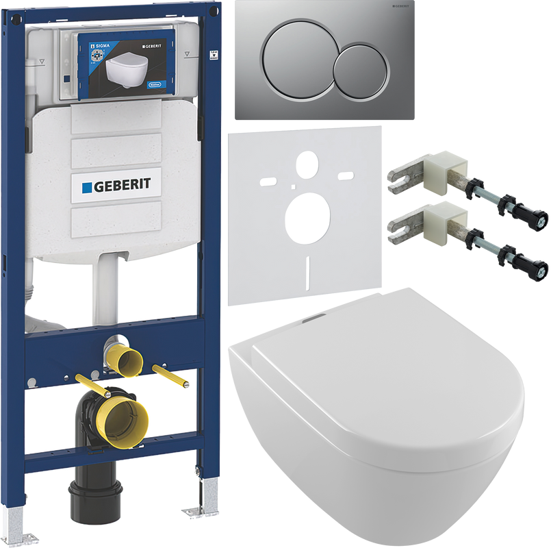 Комплект Унитаз подвесной Villeroy & Boch Subway 2.0 + Крышка 9M68 S101 с микролифтом, петли хром + Инсталляция Geberit Duofix UP 320 111.300.00.5 + Кнопка Sigma 01 115.770.JQ.5 лакированная, матовый хром + Крепления 111.815.00.1 к стене + Звукоизоляция
