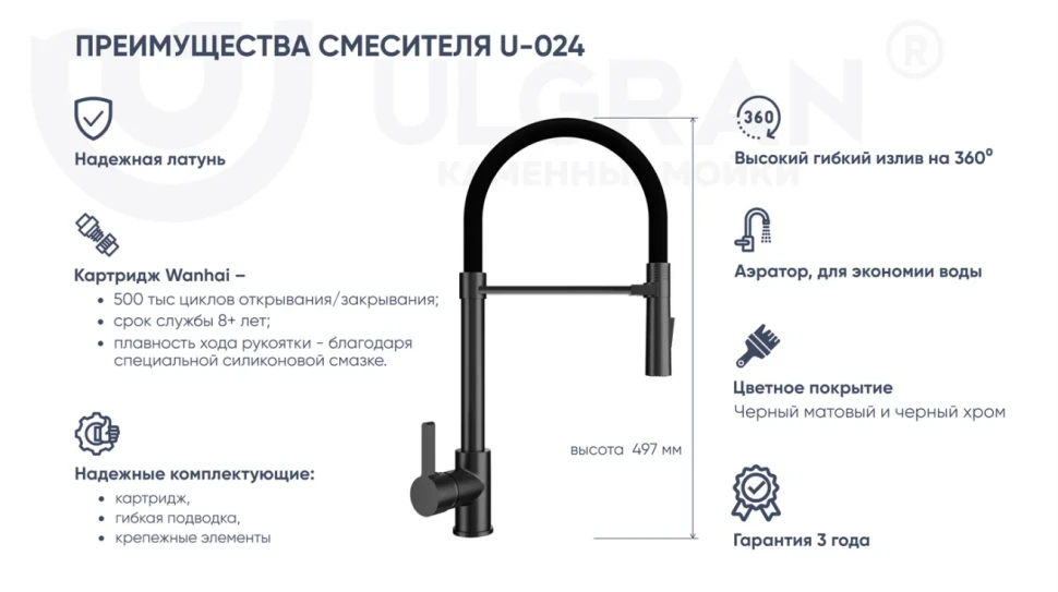 Смеситель для кухни Ulgran U-024 хром