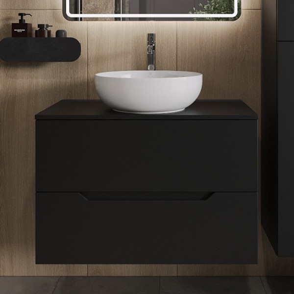 Тумба с раковиной Orange Line 80 подвесная, 2 ящика, матовая черная с раковиной B07-420W