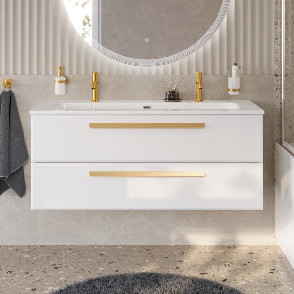 Тумба с раковиной Cezares Eco Cer-N 120 bianco lucido, раковина Eco 120-1-2, ручки сатиновое золото