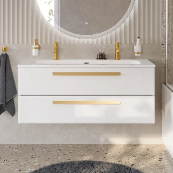 Тумба с раковиной Cezares Eco Cer-N 120 bianco lucido, раковина Eco 120-1-2, ручки сатиновое золото