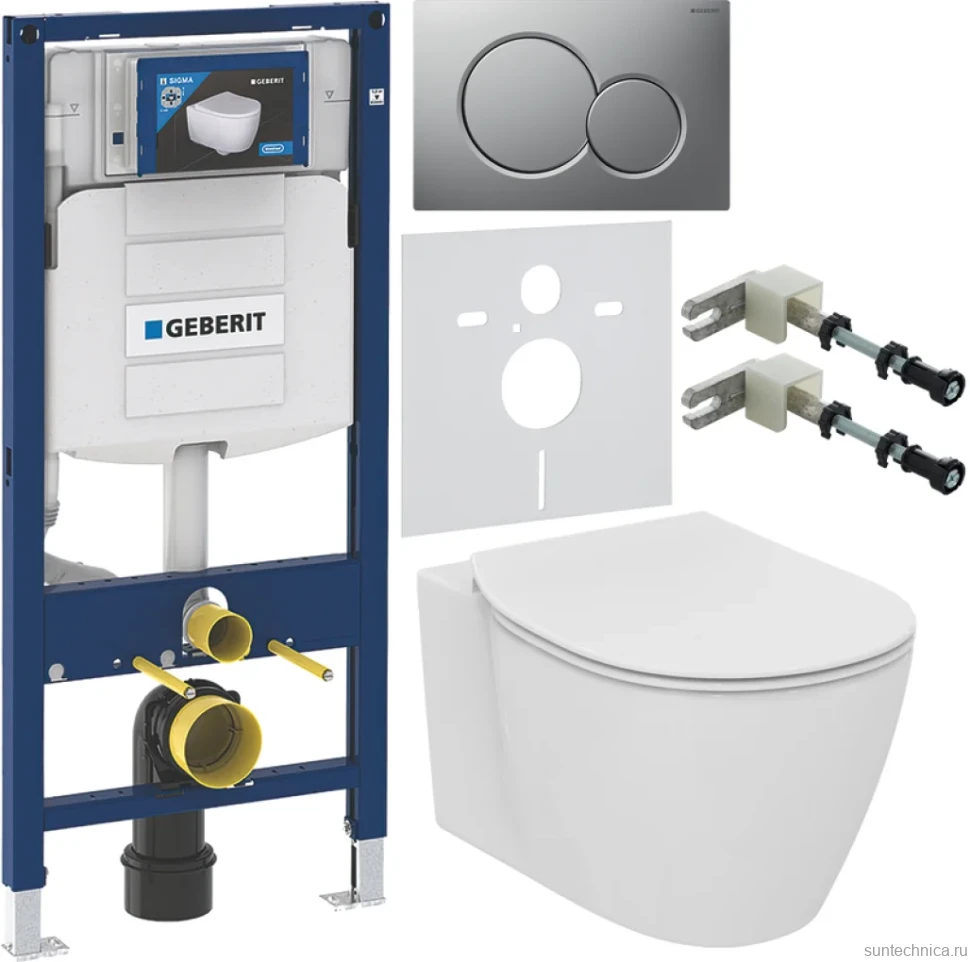 Комплект Унитаз подвесной Ideal Standard Connect AquaBlade E047901 + Крышка E772401 с микролифтом + Инсталляция Geberit Duofix UP 320 111.300.00.5 + Кнопка Sigma 01 115.770.JQ.5 лакированная, матовый хром + Крепления 111.815.00.1 к стене + Звукоизоляция