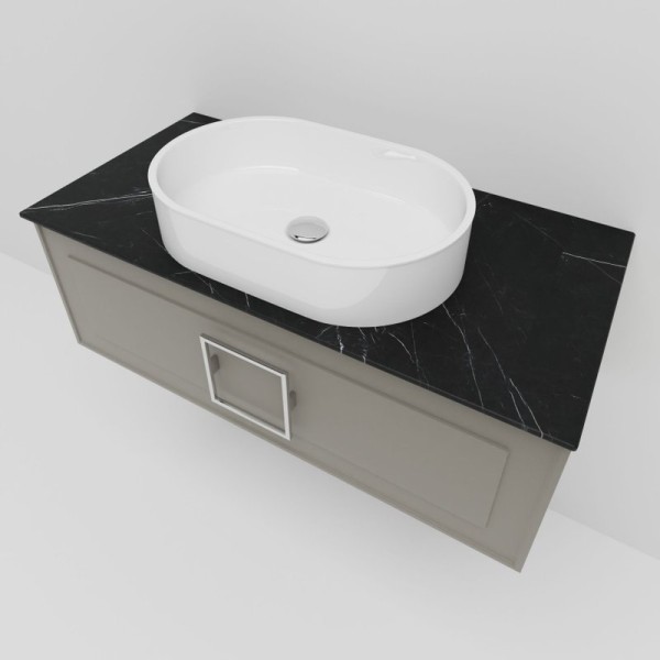Тумба под раковину со столешницей La Fenice Cubo 80 подвесная, бежевая матовая, столешница черный мрамор, белая ручка