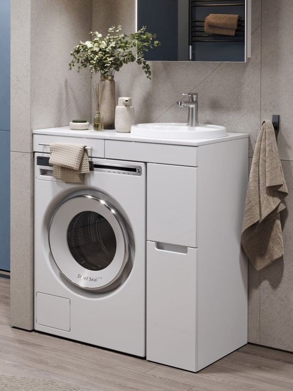 Тумба с раковиной Alavann Cosmetic 90 L/R под стиральную машину, напольная, глянцевая белая