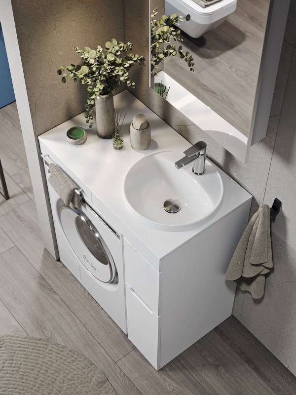 Тумба с раковиной Alavann Cosmetic 90 L/R под стиральную машину, напольная, глянцевая белая