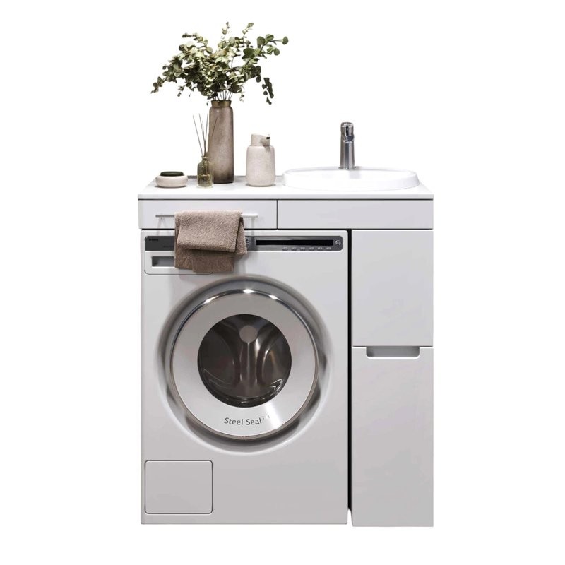 Тумба с раковиной Alavann Cosmetic 90 L/R под стиральную машину, напольная, глянцевая белая