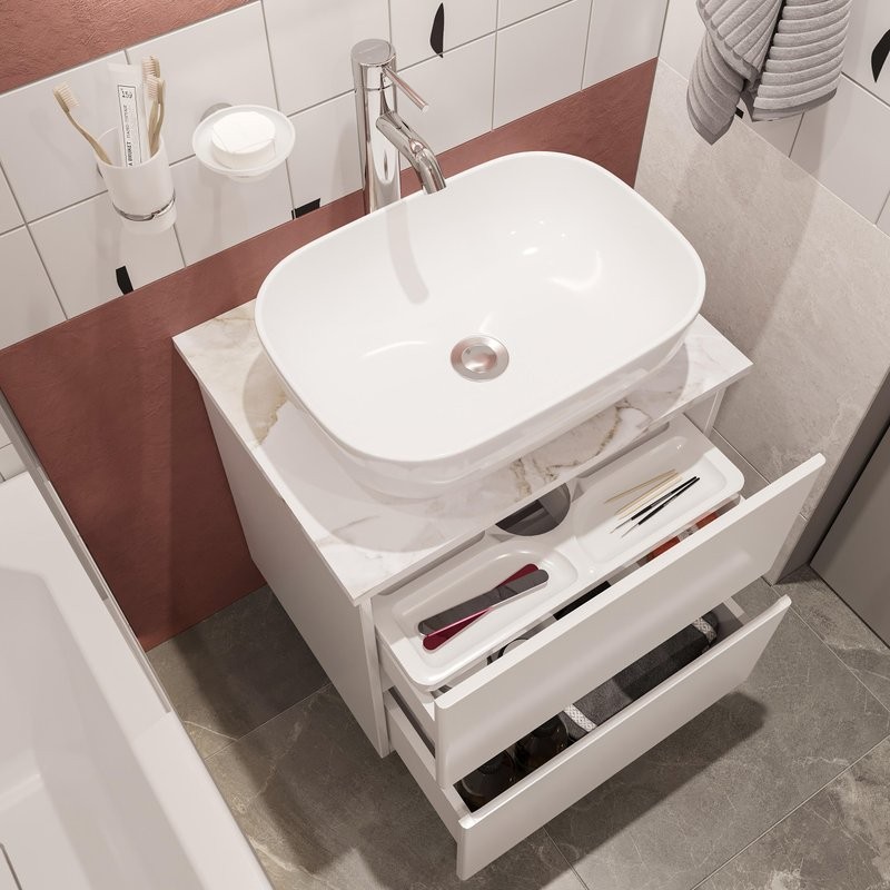 Мебель для ванной комнаты STWORKI Колдинг 60 белая, с раковиной 50 Square, столешница белая сатиновая