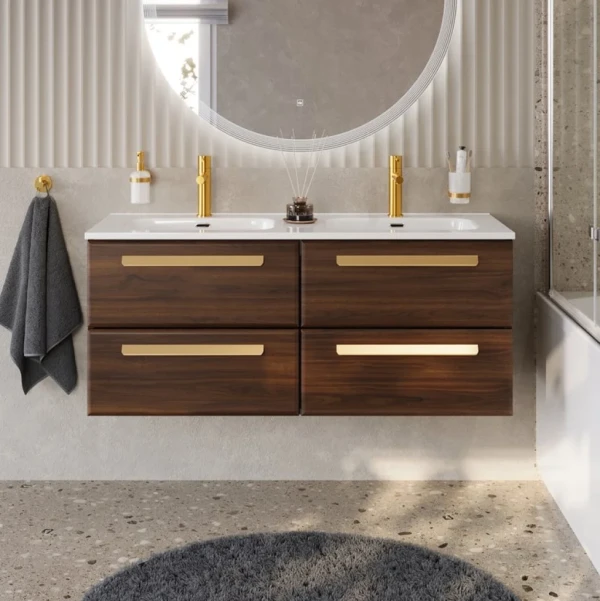 Тумба с раковиной Cezares Eco Cer-N 120 4 ящика, орех шоколад софт, раковина Duet 120, двойная, ручки сатиновое золото