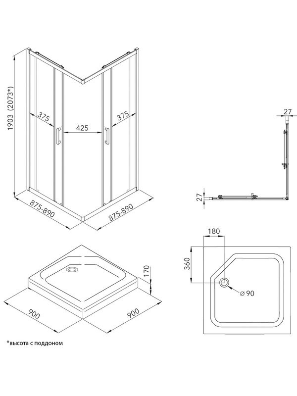 Душевой уголок Triton Фикс 90х90 см, с поддоном, профиль черный, стекло вельвет