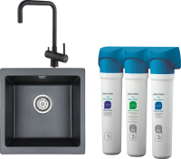 Комплект Мойка кухонная Paulmark Brilon PM104546-BLM черный металлик + Смеситель Wetter We213030-418 черный металлик + Фильтр Refine System