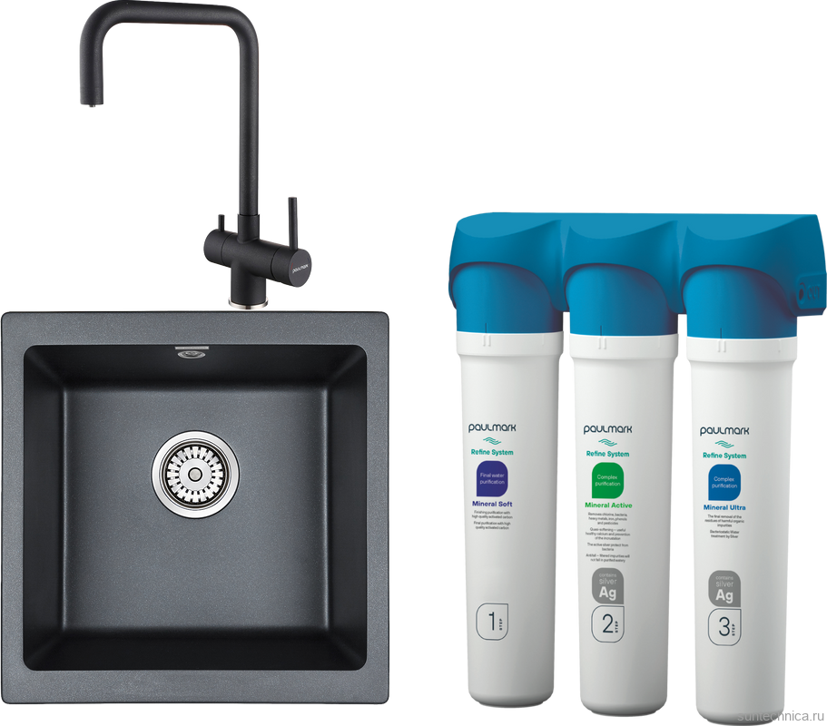 Комплект Мойка кухонная Paulmark Brilon PM104546-BLM черный металлик + Смеситель Wetter We213030-418 черный металлик + Фильтр Refine System