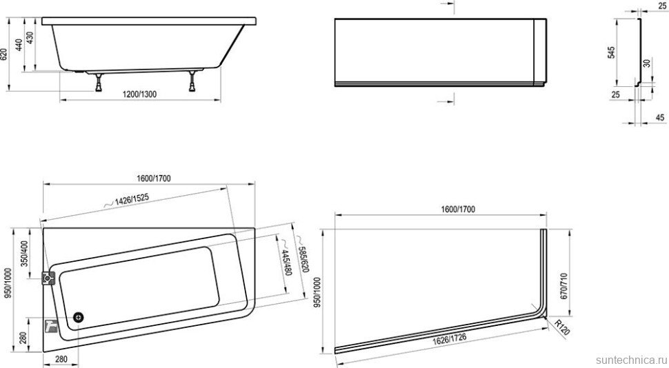 Акриловая ванна Ravak 10° L 160x95 см, угловая, левая, пристенная, белая, асимметричная, на ножках
