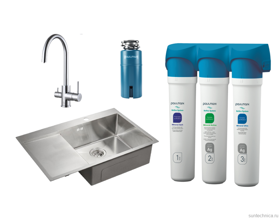 Комплект Мойка кухонная Paulmark Kroner PM217851-BSR брашированная нержавеющая сталь R + Смеситель Essen Es213211-CR хром + Измельчитель Intenso I-PRO 1000 + Фильтр Refine System