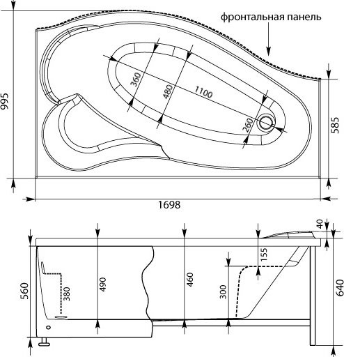 Акриловая ванна Aquanet Palma 00205537 R 170x100 см, угловая, правая, пристенная, белая, асимметричная, с каркасом, с сиденьем
