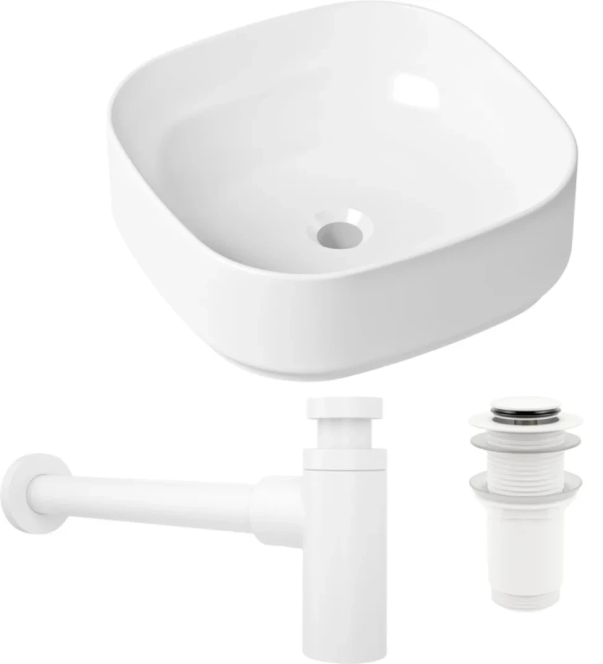 Комплект Накладная раковина Lavinia Boho Bathroom Sink Slim 33311006 + Донный клапан Wellsee Drainage System 182138000 матовый белый + Сифон 182108000 белый