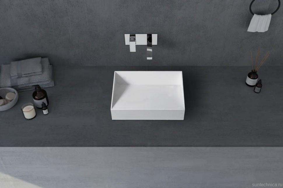 Накладная раковина Abber Stein AS2623 60 матовая белая, прямоугольная, искусственный камень, со скрытым сливом