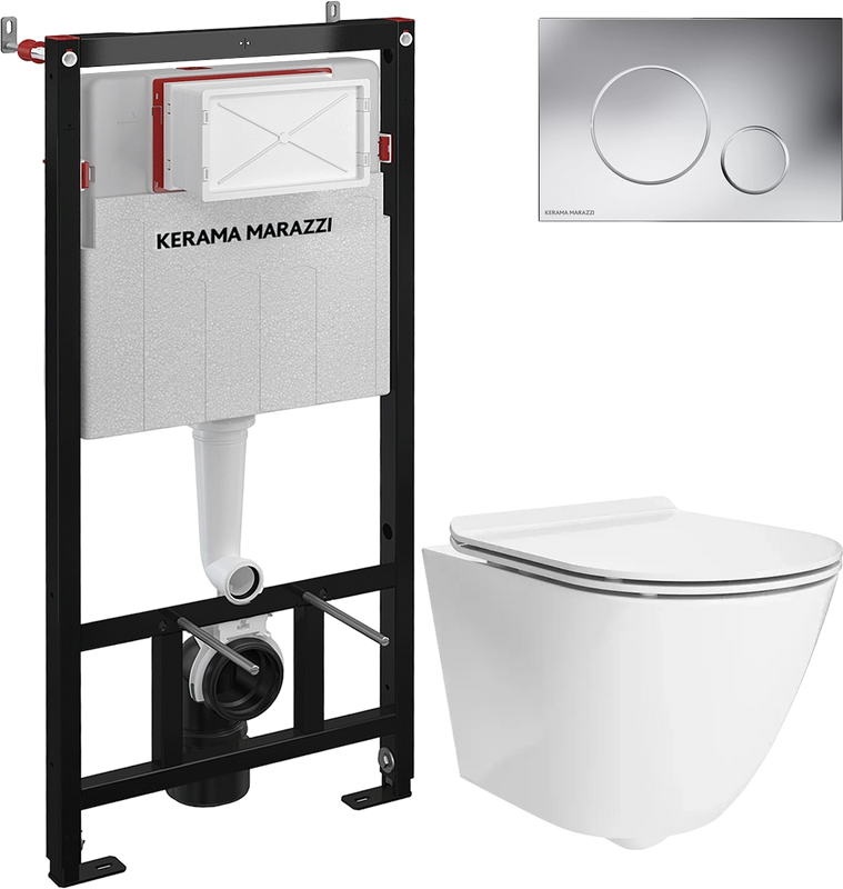 Комплект Унитаз подвесной KERAMA MARAZZI Sfera SF.wc.02 безободковый, с микролифтом, глянцевый белый + Инсталляция + Кнопка FPR.A.CR xром глянец