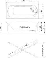 Акриловая ванна 1ACReal Дюна 160x70 см, пристенная, белая, с каркасом