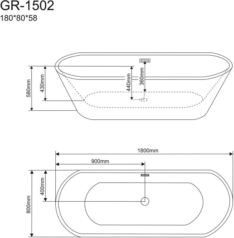 Акриловая ванна Grossman GR-1502 180x80 см, отдельностоящая, белая, овальная, с каркасом, со сливом-переливом