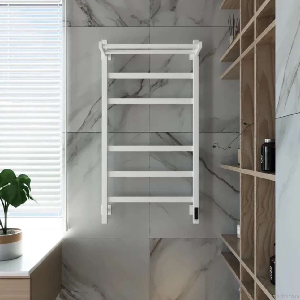 Полотенцесушитель электрический Grota Tela 530х1000 RAL9016 EL 100x55 см, подключение справа, слева, скрытое подключение справа, матовый белый, лесенка, из стали, с полкой
