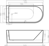 Акриловая ванна Esbano Afina R 170x80 см, правая, отдельностоящая, белая, асимметричная, со сливом-переливом