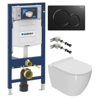 Комплект Унитаз подвесной Bauedge Bau Ceramics безободковый, с микролифтом, белый + Инсталляция Geberit Duofix UP 320 111.300.00.5 + Кнопка Sigma 01 115.770.DW.5 черная + Крепления 111.815.00.1 к стене
