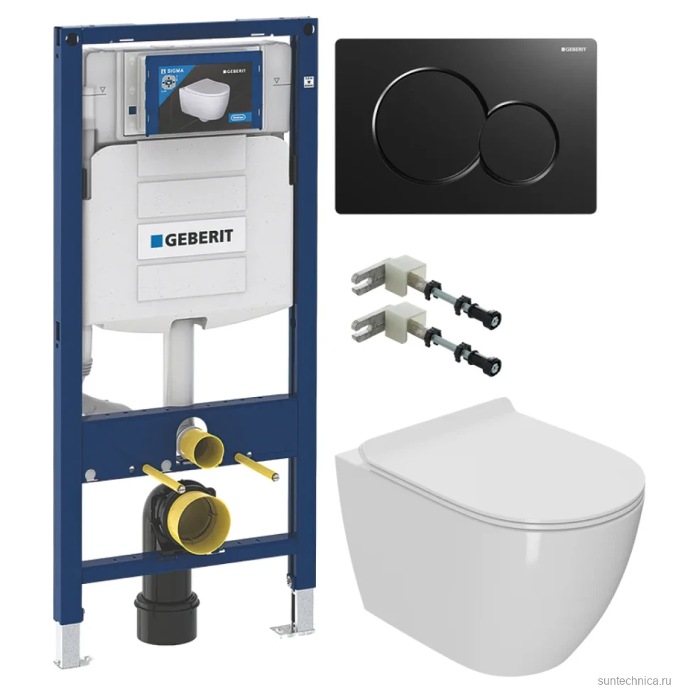 Комплект Унитаз подвесной Bauedge Bau Ceramics безободковый, с микролифтом, белый + Инсталляция Geberit Duofix UP 320 111.300.00.5 + Кнопка Sigma 01 115.770.DW.5 черная + Крепления 111.815.00.1 к стене