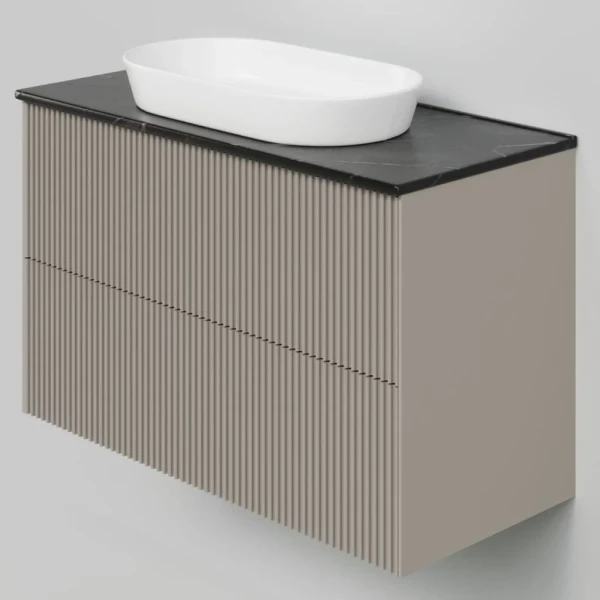 Тумба под раковину со столешницей La Fenice Terra Twin 100 подвесная, cappuccino, бежевая матовая, столешница черный мрамор