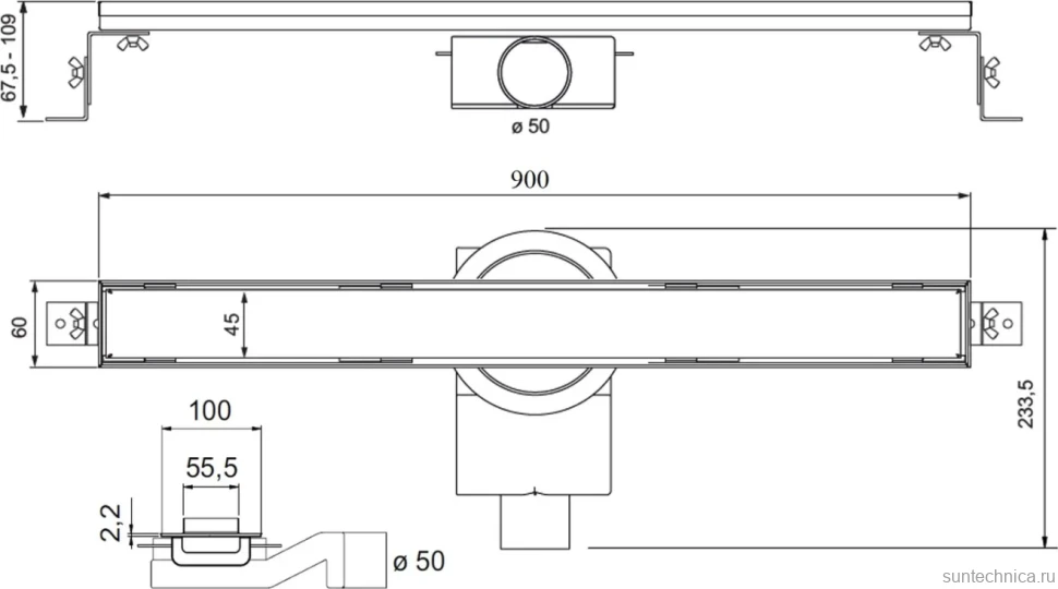 Душевой трап (лоток) Plumberia Selection PSL Linear PSL90MT 90 см, решетка матовая нержавеющая сталь, с сифоном, под плитку