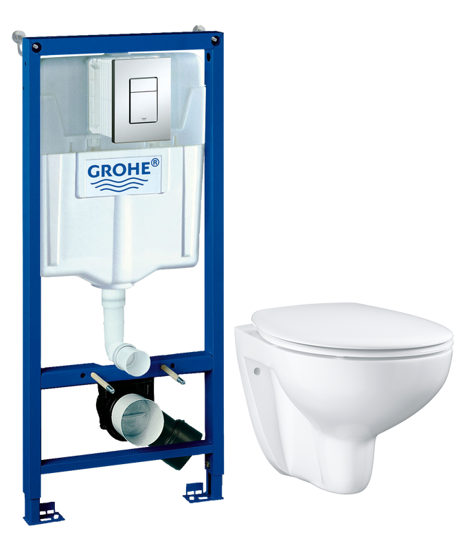 Комплект Унитаз подвесной Grohe Bau Ceramic 39351000 безободковый, альпин-белый + Инсталляция Rapid SL 38772001 3 в 1 с кнопкой смыва