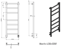 Полотенцесушитель электрический Grota Nosto 430х1200 NP EL 120x45 см, подключение справа, слева, скрытое подключение справа, глянцевый хром, лесенка