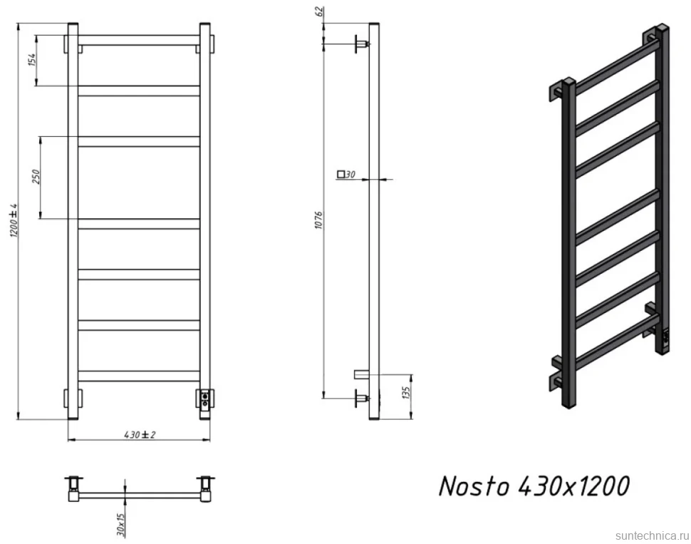 Полотенцесушитель электрический Grota Nosto 430х1200 NP EL 120x45 см, подключение справа, слева, скрытое подключение справа, глянцевый хром, лесенка