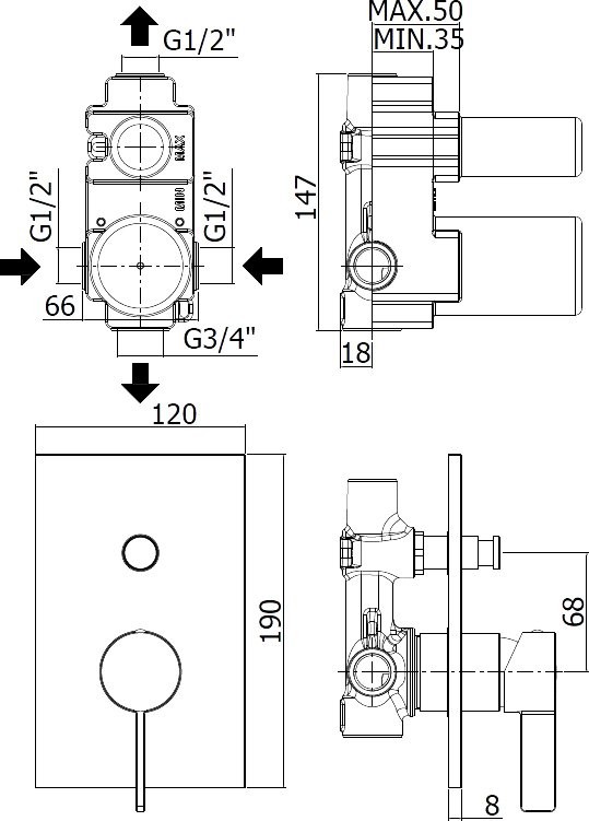 Встраиваемый смеситель для душа и ванны Paffoni Rock RO018CR С ВНУТРЕННЕЙ ЧАСТЬЮ, хром
