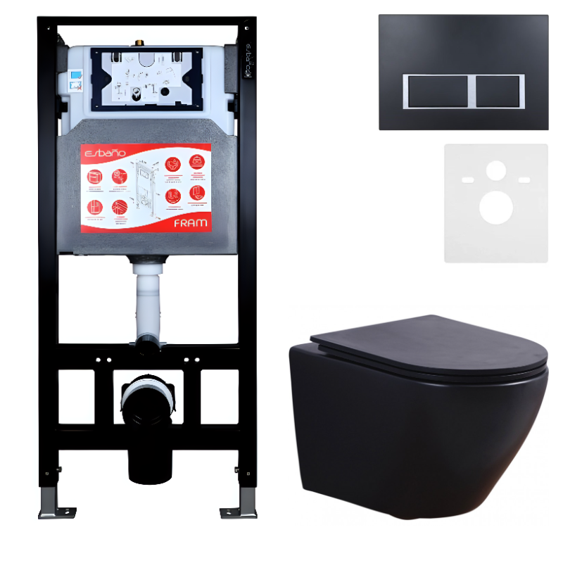 Комплект 3 в 1 Унитаз подвесной Esbano Azalea ESUPAZALBM + Инсталляция Fram + Кнопка ESINPRK12MB цвет матовый черный