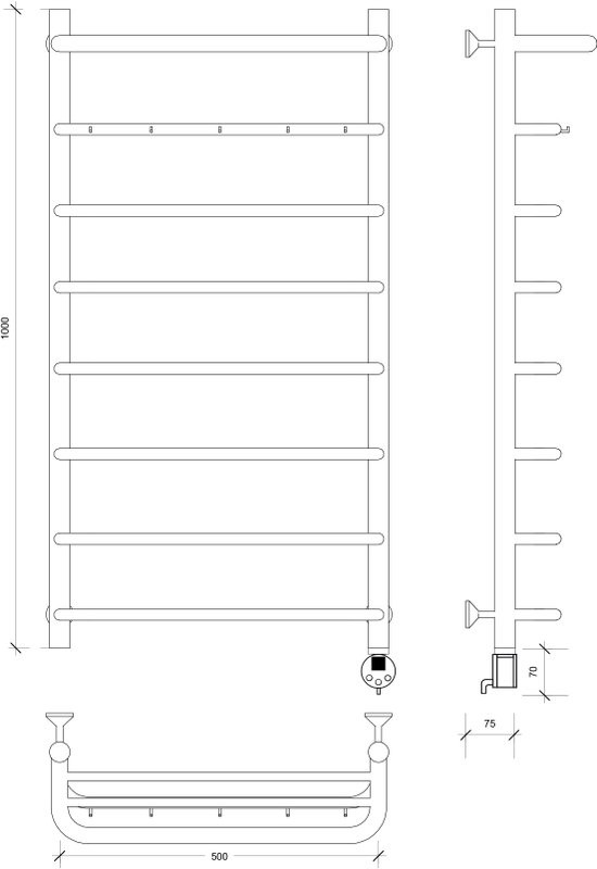 Полотенцесушитель электрический Secado Мерида 1 КСП 100x50 см, подключение справа, матовый черный, лесенка, с полкой