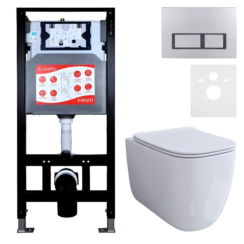 Комплект 3 в 1 Унитаз подвесной Esbano ESUPGARAW + Инсталляция Fram + Кнопка ESINPRK12MC цвет матовый хром