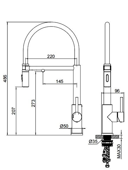 Смеситель для кухни Wonzon & Woghand WW-458027-CR с гибким изливом, хром