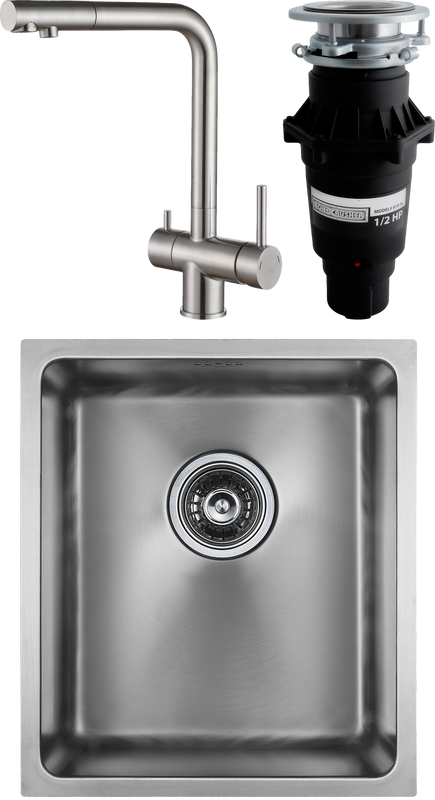 Комплект Мойка Paulmark Vista PM904438-BS брашированная нержавеющая сталь + Смеситель Skalen Sk213020-SS + Измельчитель Bone Crusher BC 810-SL Slim Line