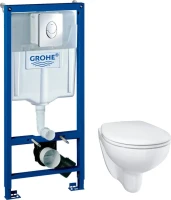 Комплект Унитаз подвесной Grohe Bau Ceramic 39351000 безободковый, альпин-белый + Инсталляция Rapid SL 38721001 3 в 1 с кнопкой смыва + Звукоизоляция