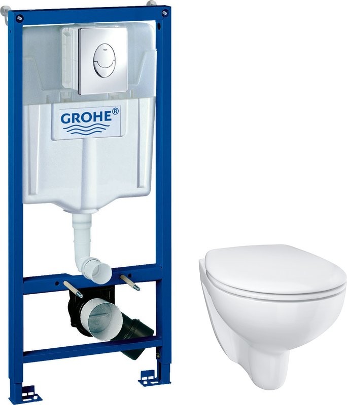 Комплект Унитаз подвесной Grohe Bau Ceramic 39351000 безободковый, альпин-белый + Инсталляция Rapid SL 38721001 3 в 1 с кнопкой смыва + Звукоизоляция