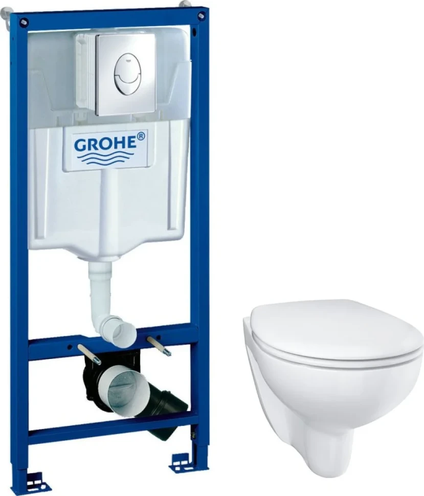 Комплект Унитаз подвесной Grohe Bau Ceramic 39351000 безободковый, альпин-белый + Инсталляция Rapid SL 38721001 3 в 1 с кнопкой смыва + Звукоизоляция