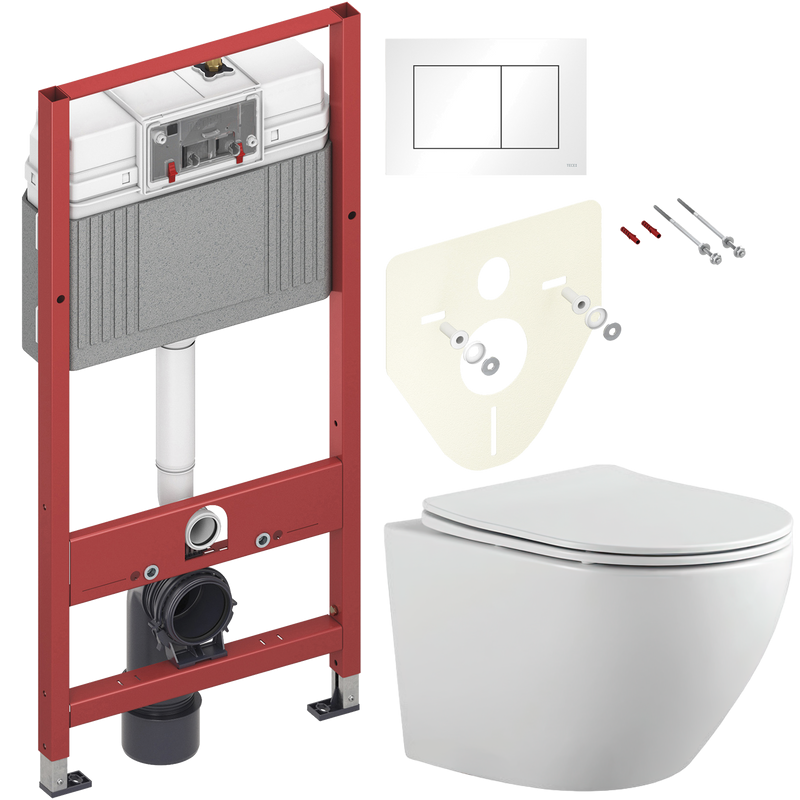 Комплект Унитаз подвесной Bauedge Bau Dream PRO-2 безободковый, с микролифтом, белый + Инсталляция TECE Base 9400413 4 в 1 с кнопкой смыва