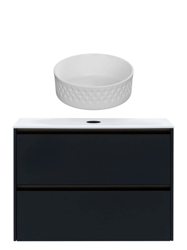 Тумба с раковиной Allen Brau Activity 90 с подсветкой, матовый антрацит, олива браш, столешница белая, раковина Fantasy Romb 36 белая