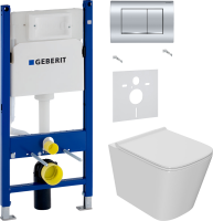 Комплект Унитаз подвесной Bauedge Bau Stil PRO безободковый, с микролифтом, белый + Звукоизоляция Geberit + Инсталляция Duofix Delta 458.163.21.1 с кнопкой смыва, хром
